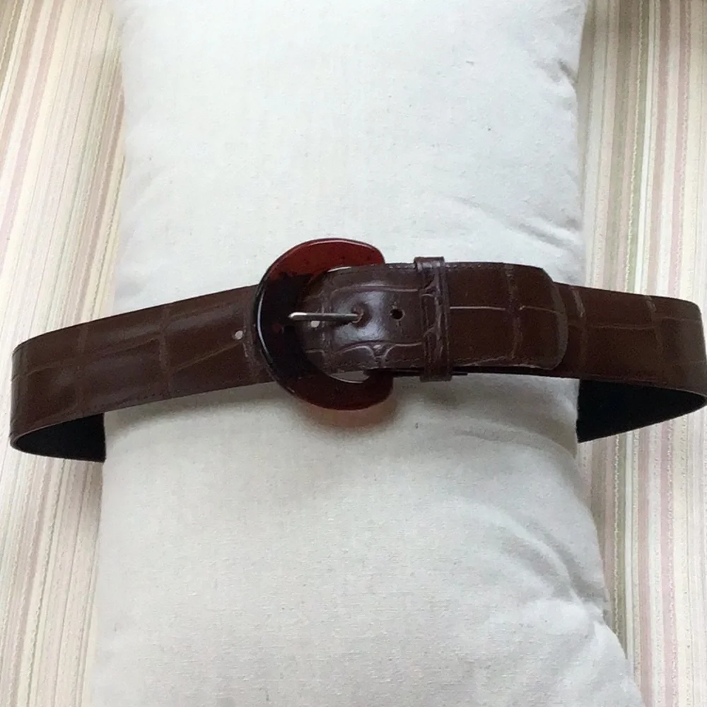 Faux Reptile Alligator Crocodile Brown Belt With Round‎ Amber Buckle Size 14